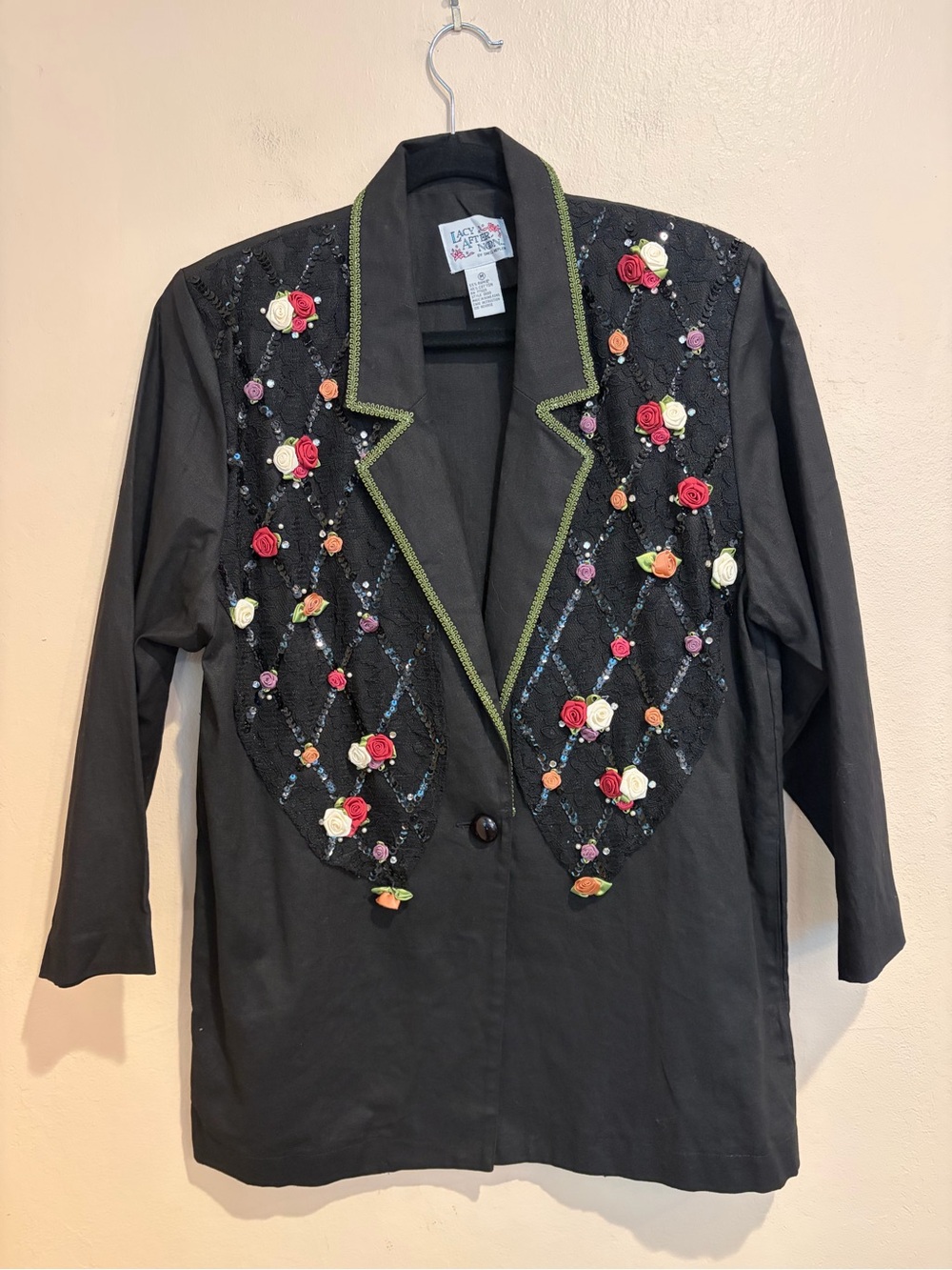 Vintage Lacy Afternoon Black Long Blazer w/ Green Ribbon Trim & Floral Ribbons